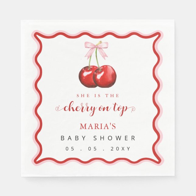 Cherry on Top Coquette Pink Bow Girl Baby Shower Napkins (Front)