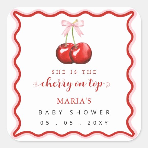 Cherry on Top Coquette Pink Bow Girl Baby Shower Square Sticker