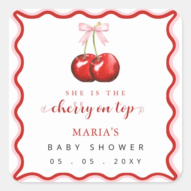 Cherry on Top Coquette Pink Bow Girl Baby Shower Square Sticker (Front)