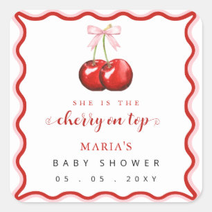 Cherry on Top Coquette Pink Bow Girl Baby Shower Square Sticker