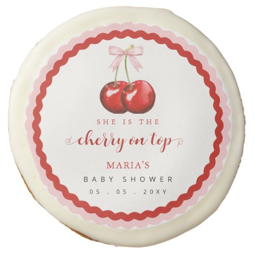 Cherry on Top Coquette Pink Bow Girl Baby Shower Sugar Cookie