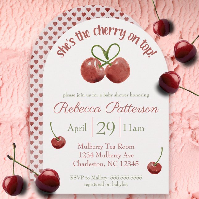 "Cherry on Top" Coquette Watercolor Baby Shower Invitation ("she's the cherry on top" watercolor cherry girls baby shower invitation cute coquette  berry sweet)