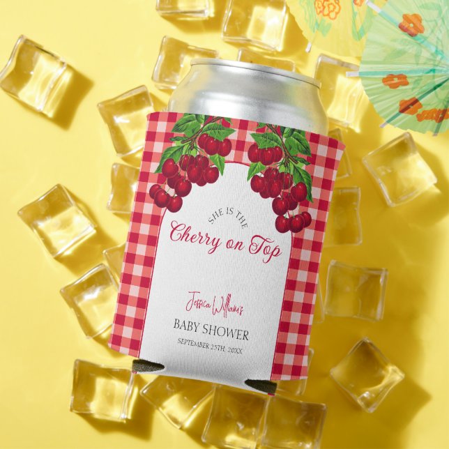Cherry on top Fall Gingham Plaid Baby Shower  Can Cooler (In Situ Summer)