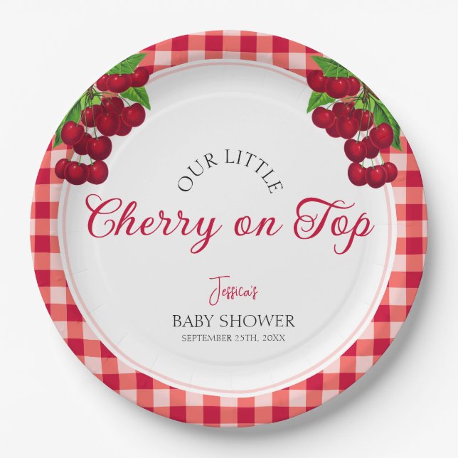 Cherry on top Fall Gingham Plaid Baby Shower  Paper Plates (Front)