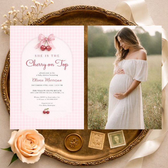Cherry on Top Gingham Bow Photo Baby Shower Invitation (Creator Uploaded)