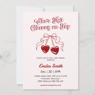 Cherry on Top hand drawn pink & red Baby Shower Invitation