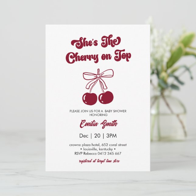 Cherry on Top handdrawn Baby Shower Invitation (Standing Front)