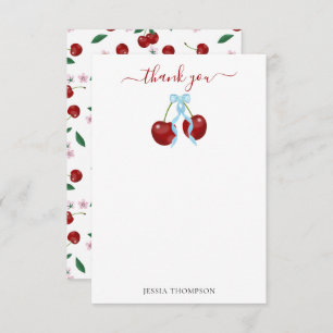 Cherry On Top Modern Baby Shower Blue Bow Boy Thank You Card