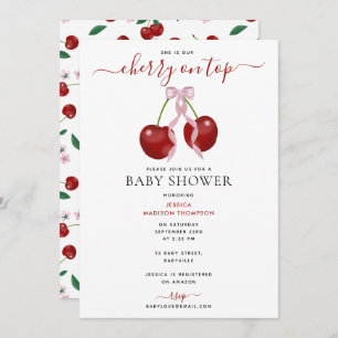 Cherry On Top Modern Baby Shower Pink Bow Girl Invitation