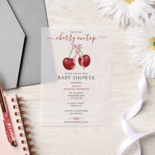 Cherry On Top Modern Baby Shower Pink Bow Girl Vellum Invitations