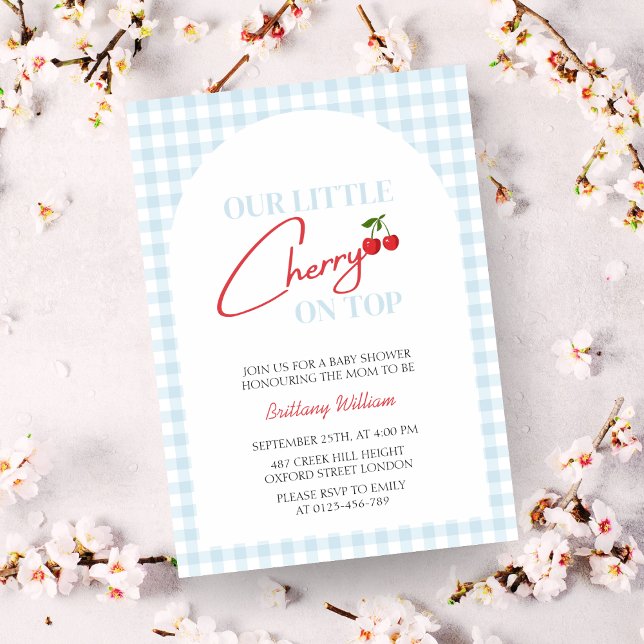 Cherry on Top Modern Checkered Baby Shower  Invitation (Our Little Cherry on Too Baby Shower Invitation )