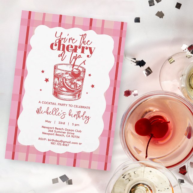Cherry on Top Old Fashioned Pink Birthday Party Invitation (Creator Uploaded)