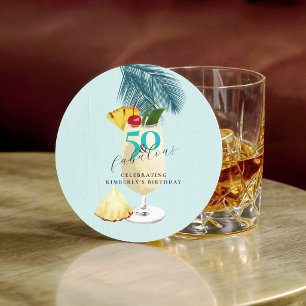 Cherry on Top Pineapple Cocktail 50th Birthday Round Paper Coaster
