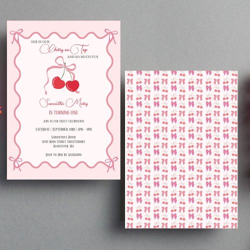 Cherry on Top Pink Bow 1st Birthday  Invitation