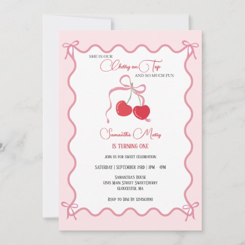 Cherry on Top Pink Bow 1st Birthday  Invitation