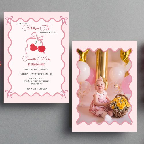 Cherry on Top Pink Bow 1st Birthday Photo Invitation