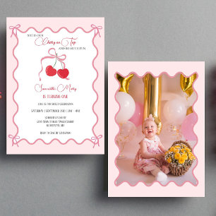 Cherry on Top Pink Bow 1st Birthday Photo Invitation