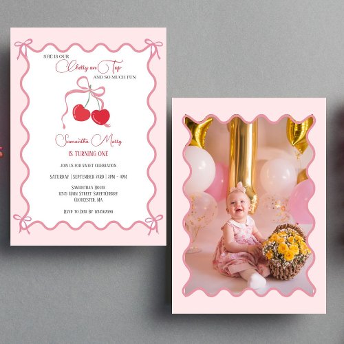 Cherry on Top Pink Bow 1st Birthday Photo  Invitation