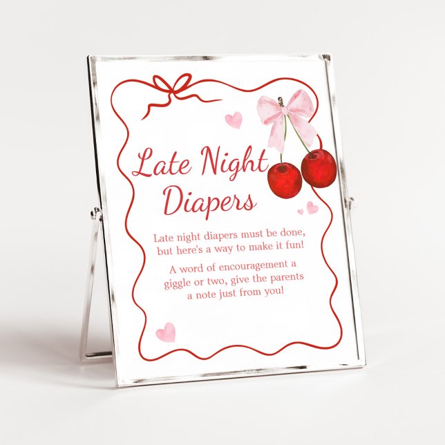 Cherry on Top Pink Bow Baby Late Night Diapers Poster (Cherry on Top Baby Shower Late Night Diapers Sign)