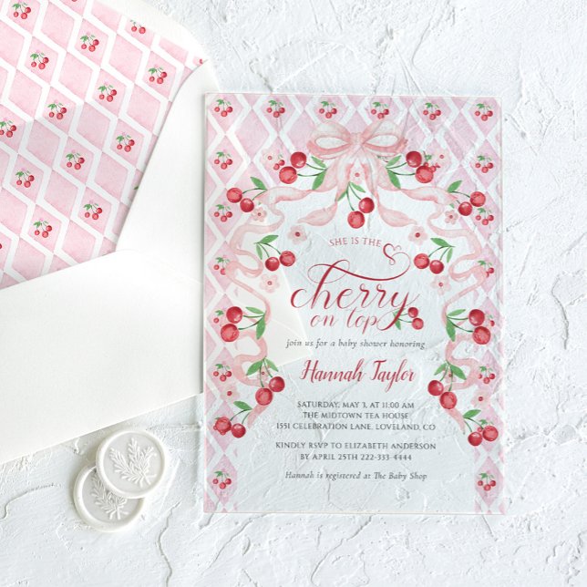 Cherry on Top Pink Bow Baby Shower Acrylic Invitations (Creator Uploaded)