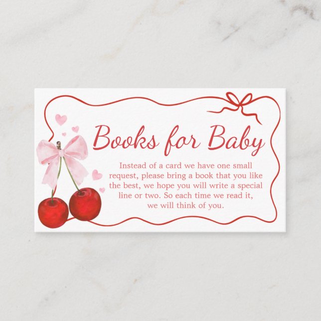 Cherry on Top Pink Bow Baby Shower Books for Baby Enclosure Card (Front)