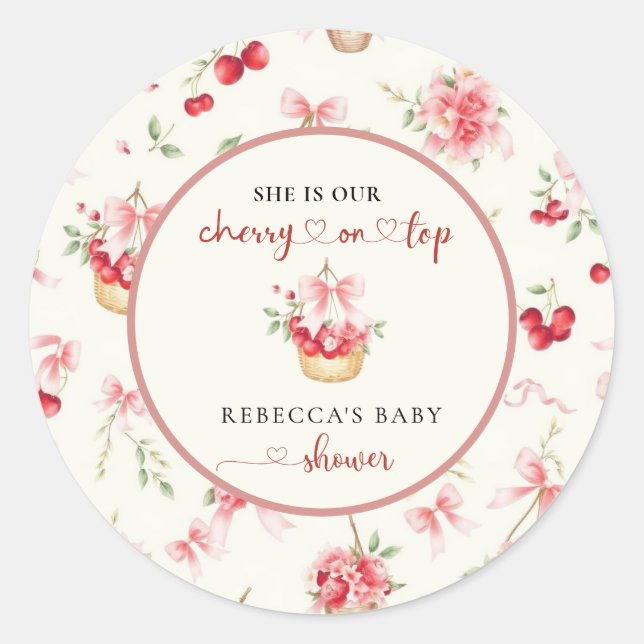  Cherry on Top Pink Bow Baby Shower   Classic Round Sticker (Front)