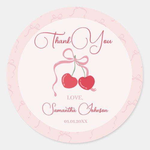 Cherry on Top Pink Bow Baby shower Classic Round Sticker