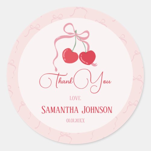 Cherry on Top Pink Bow Baby shower Classic Round Sticker