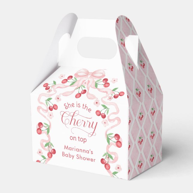 Cherry on Top pink Bow Baby shower Favor Boxes (Front Side)