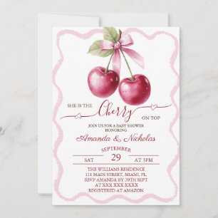 Cherry On Top Pink Bow Baby Shower  Invitation