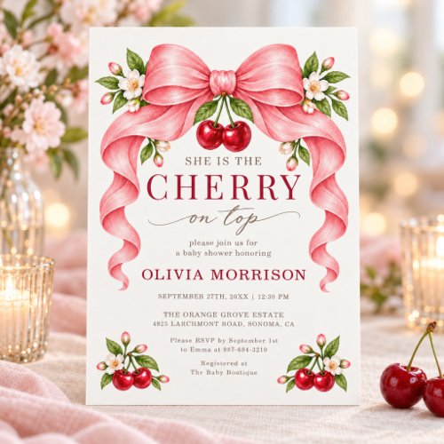 Cherry on Top Pink Bow baby shower invitation