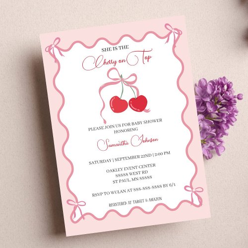 Cherry on Top Pink Bow Baby shower Invitation