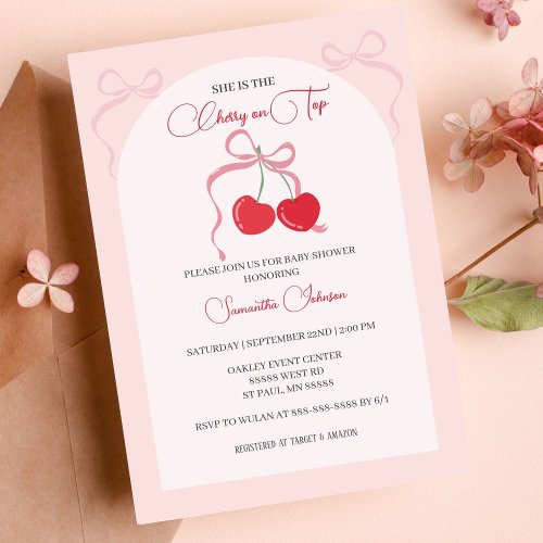 Cherry on Top Pink Bow Baby shower Invitation