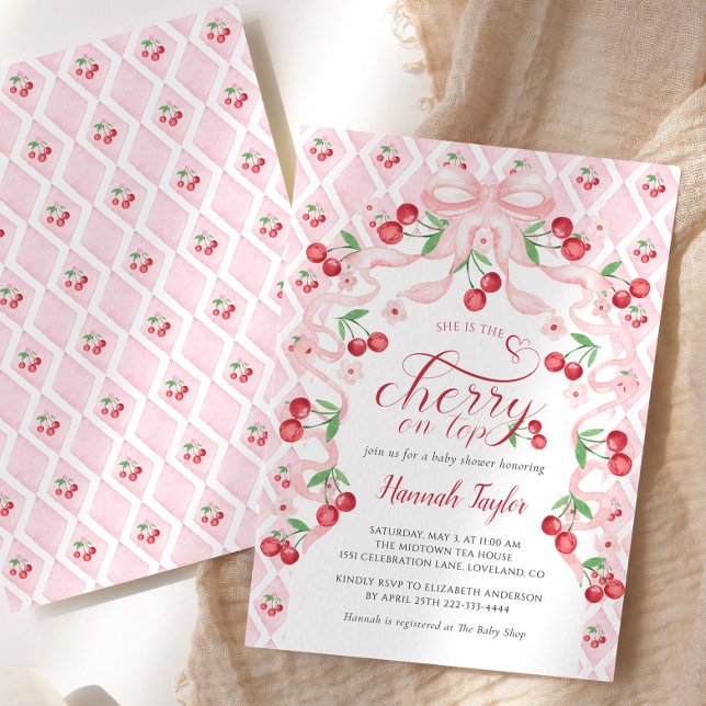 Cherry on Top Pink Bow Baby Shower Invitation (Creator Uploaded)