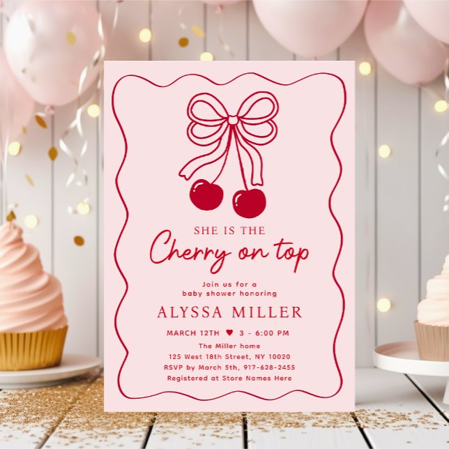 Cherry on Top Pink Bow Baby Shower Invitation (Creator Uploaded)