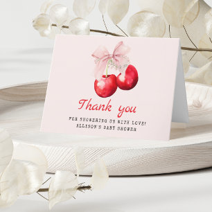 Cherry on Top Pink Bow Baby Shower Letterpress Thank You Card