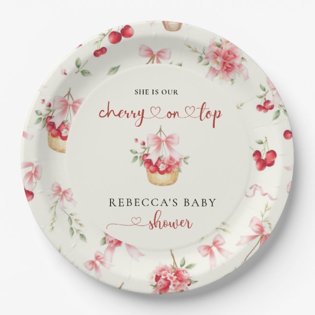  Cherry on Top Pink Bow Baby Shower   Paper Plates (Front)