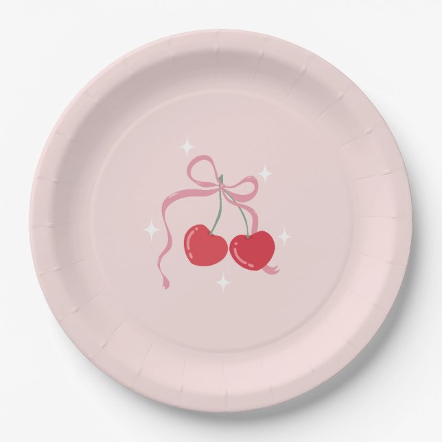 Cherry on Top Pink Bow Baby shower Paper Plates (Front)