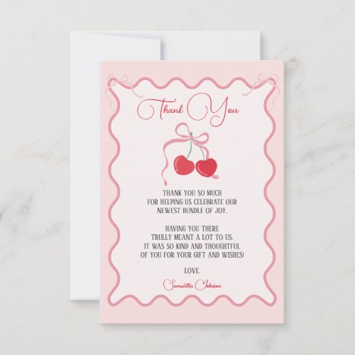 Cherry on Top Pink Bow Baby shower Thank You Card