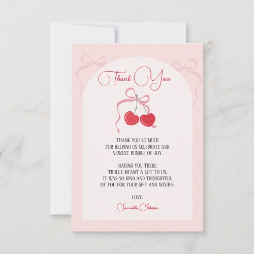 Cherry on Top Pink Bow Baby shower Thank You Card