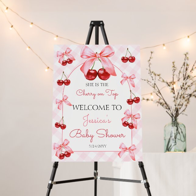Cherry on Top Pink Bow Baby Shower Welcome Sign (In Situ (Stand))