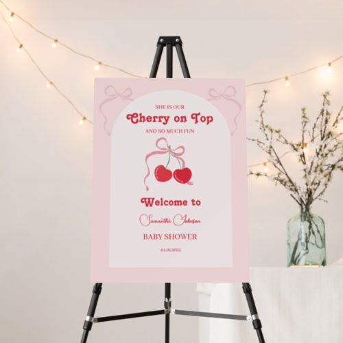 Cherry on Top Pink Bow Baby shower Welcome Sign