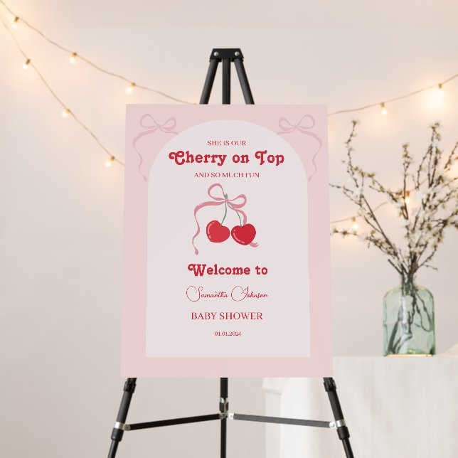 Cherry on Top Pink Bow Baby shower Welcome Sign (In Situ (Stand))