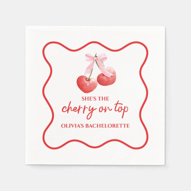 Cherry on Top Pink Bow Bachelorette Napkins (Front)