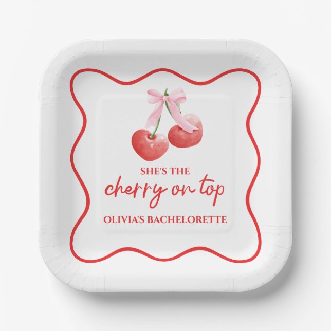 Cherry on Top Pink Bow Bachelorette Paper Plates (Front)