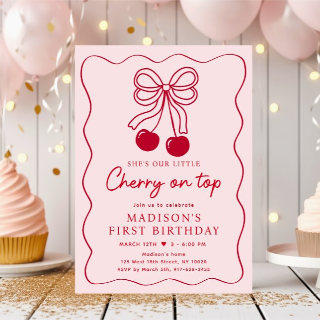 Cherry on Top Pink Bow Birthday Invitation (Creator Uploaded)