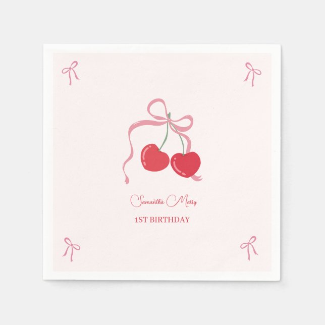 Cherry on Top Pink Bow Birthday  Napkins (Front)