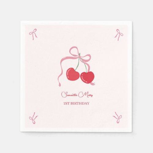 Cherry on Top Pink Bow Birthday  Napkins