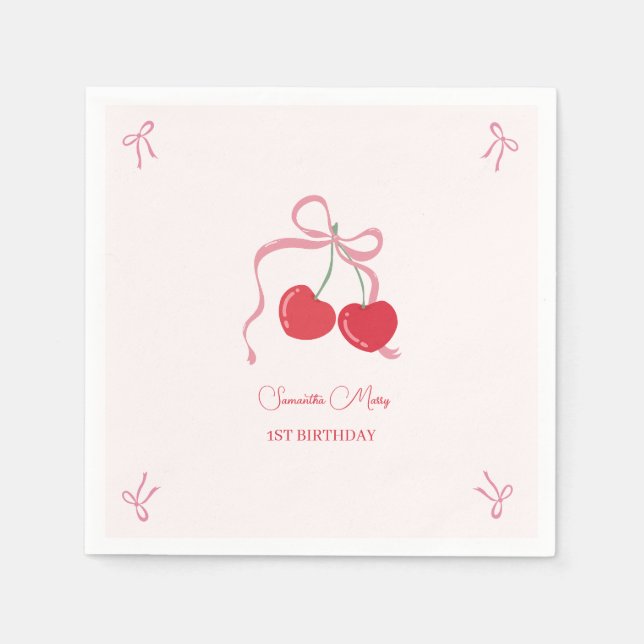 Cherry on Top Pink Bow Birthday  Napkins (Front)