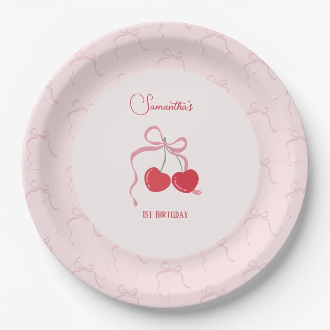 Cherry on Top Pink Bow Birthday  Paper Plates (Front)